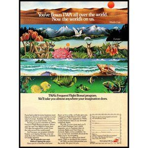 1984 TWA Airlines Frequent Flyer Vintage Print Ad Europe Australia Caribbean Art
